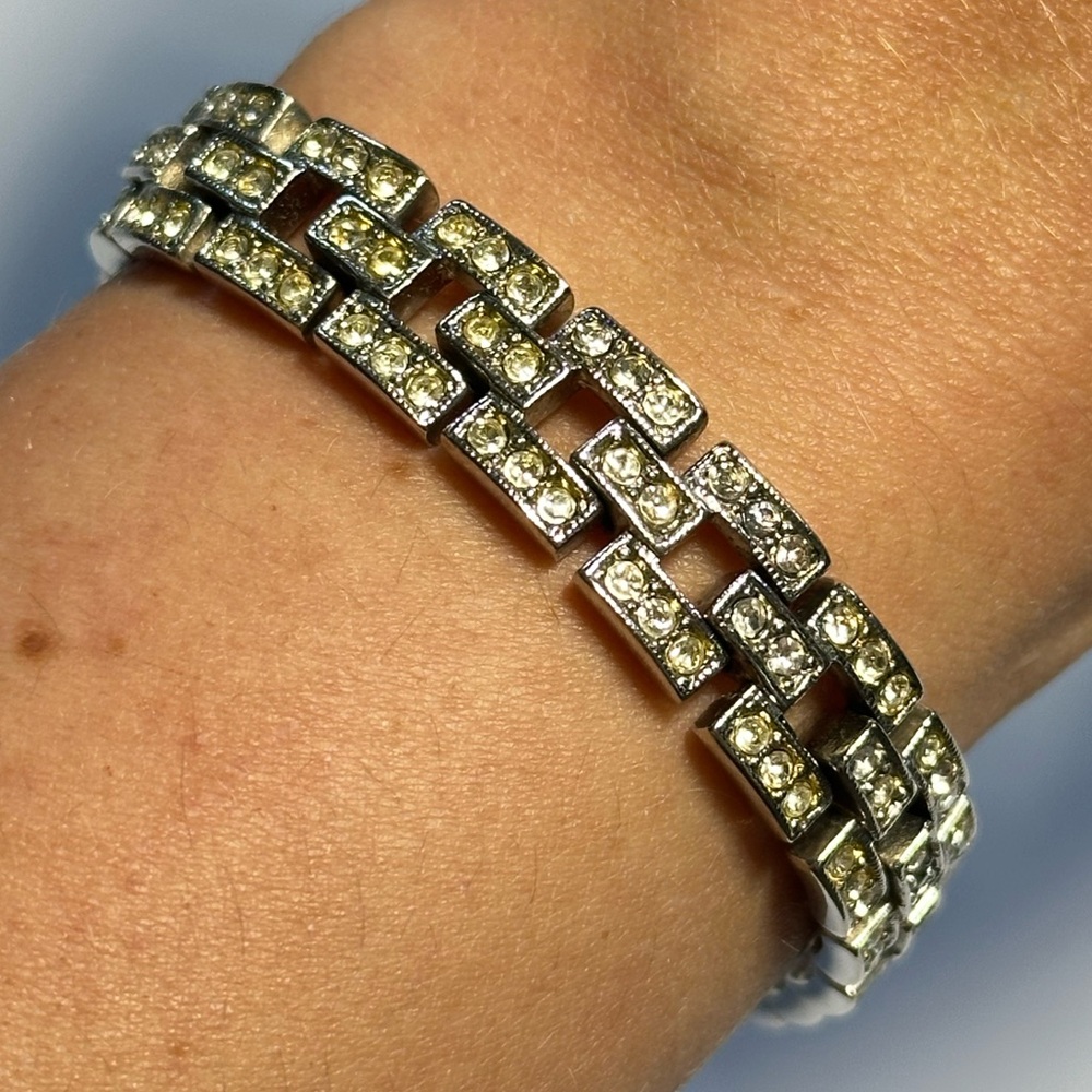 KJL Kenneth Jay Lane Silver and Rhinestone Art Deco Linked Bracelet